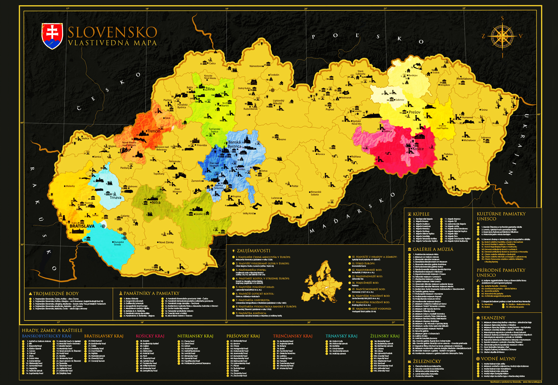 Nástenné mapy Slovensko kraje, obvody Black&Gold stieracia mapa